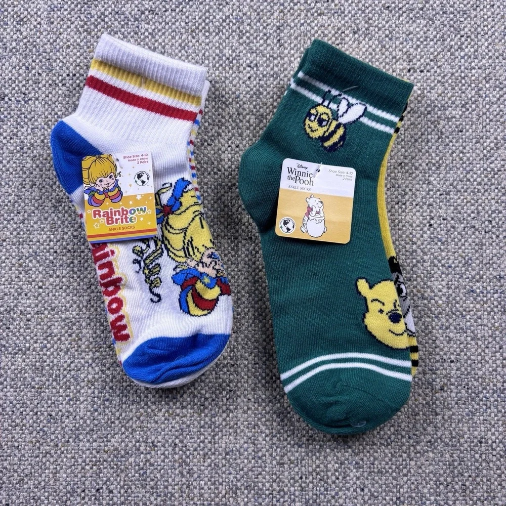 VTG Style Rainbow Brite & Winnie the Pooh Ankle Socks Bundle 2-Packs Size 4-10